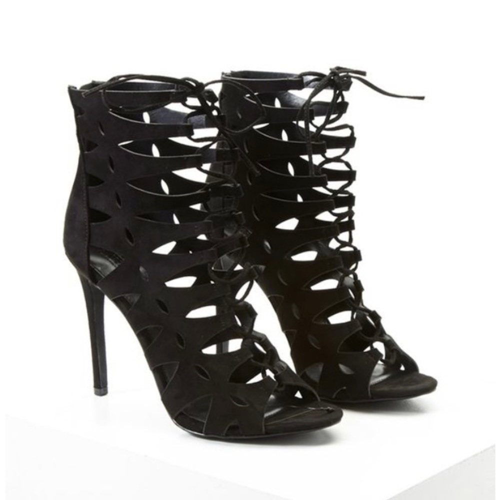 Faux Suede Peep Toe Caged Stiletto Heel-NWOT